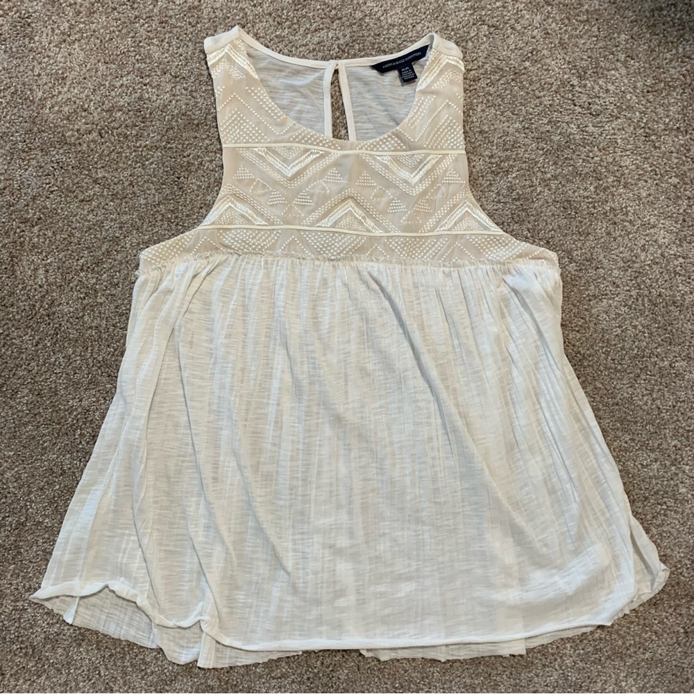 American Eagle Womens Cream Embroidered Sleeveless Geo Babydoll Tank Boho Medium